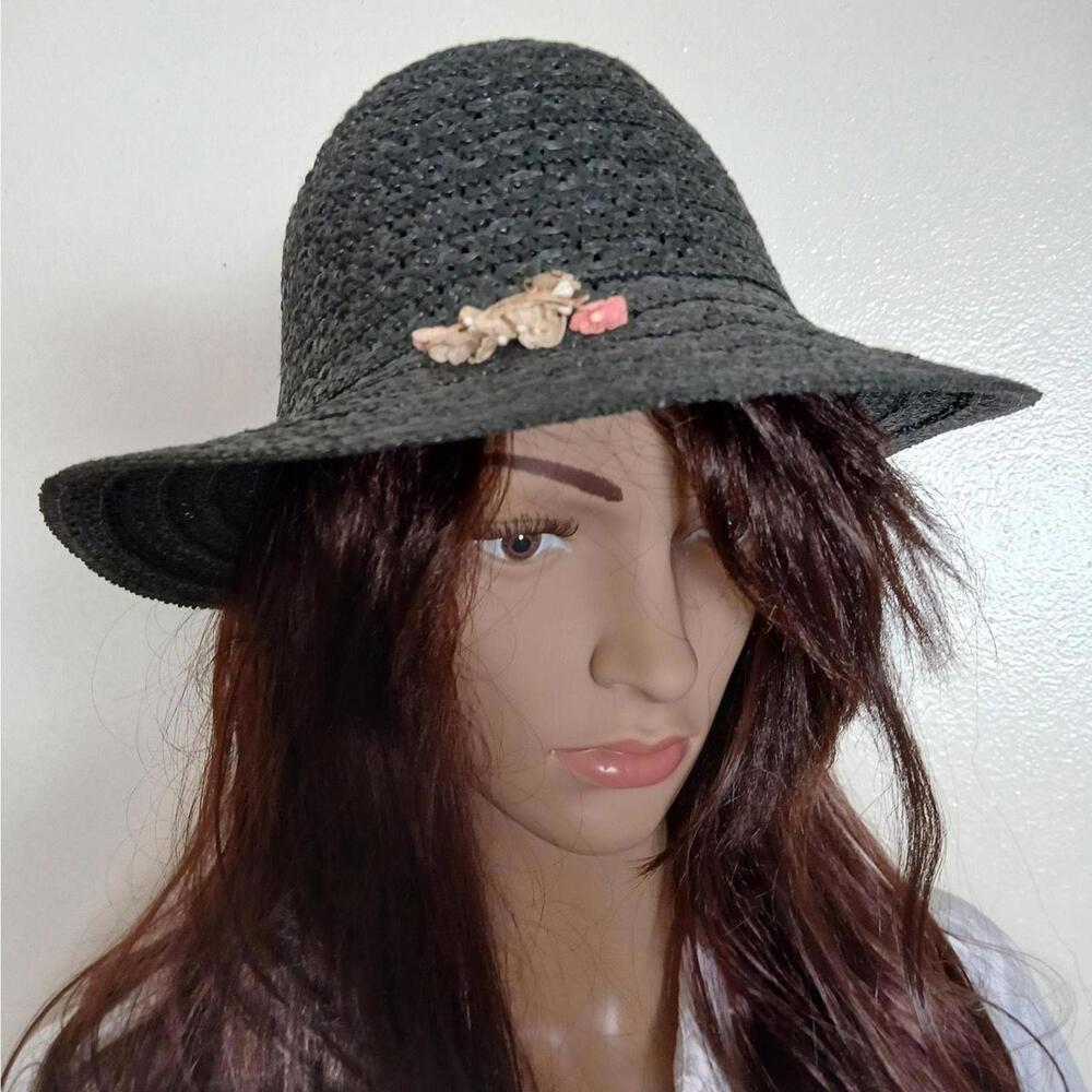 Vintage 70s black wide brimmed cloche hat‎ with pink flower accent